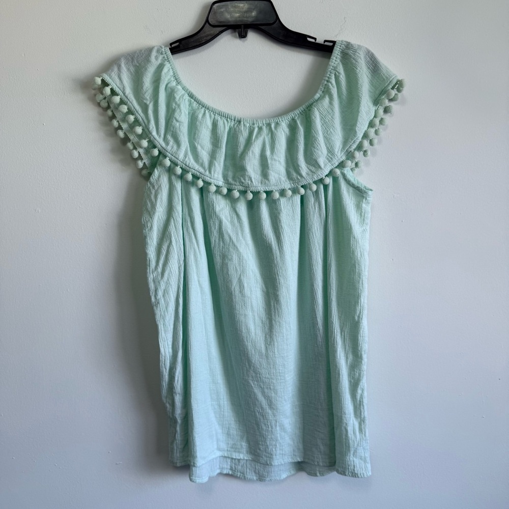 Kori Mint Boho Green Crinkle Off-Shoulder Tassel Pom Pom Blouse Top Size XL - Picture 6 of 6